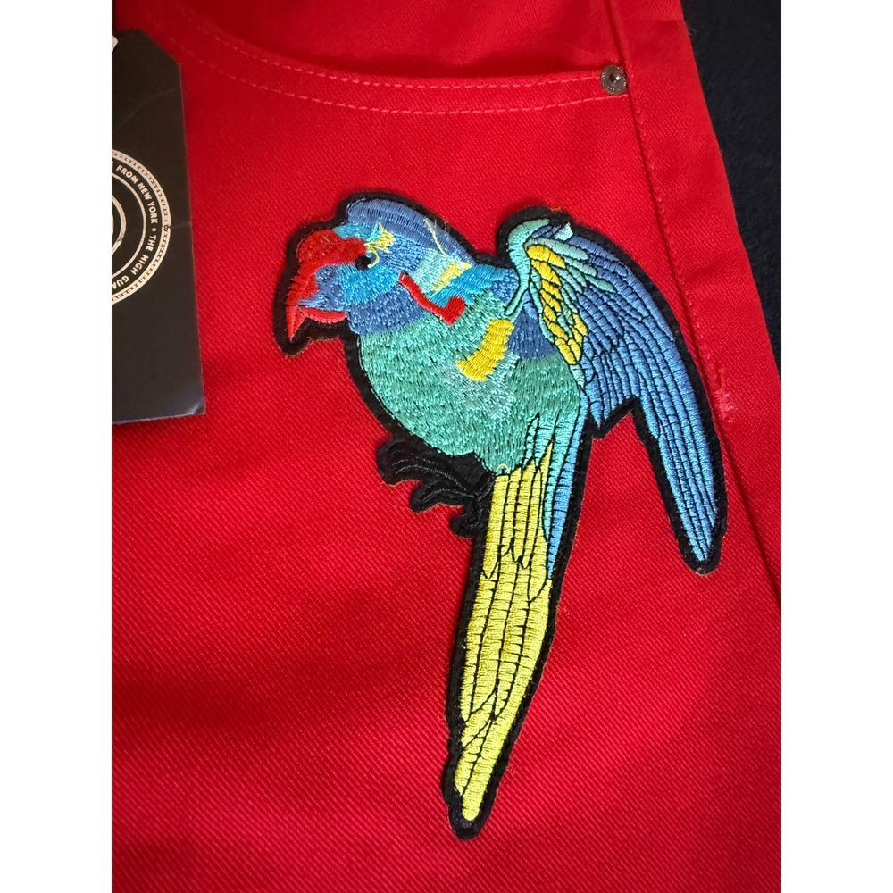 The High Parrot Embroidered Shorts Mens 40 Red New Slim Fit Bird Patch Denim - Picture 6 of 9